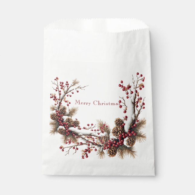 Bolsa De Papel Merry Christmas Red Berries Pine Cones Snow (Anverso)