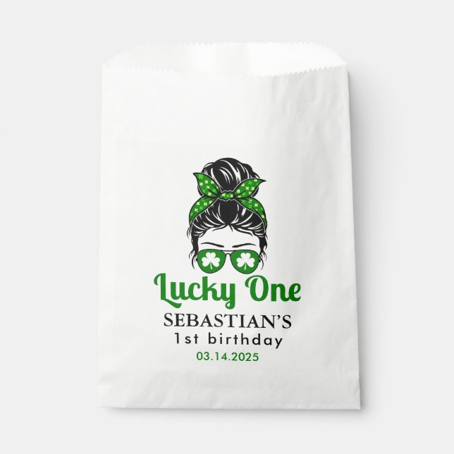 Bolsa De Papel Messy Bun Lucky One First Birthday Chica (Anverso)