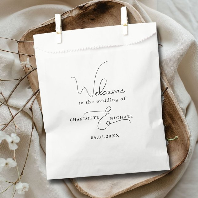 Bolsa De Papel Mínimo moderno (Minimal modern wedding favor bag with your name and date.)