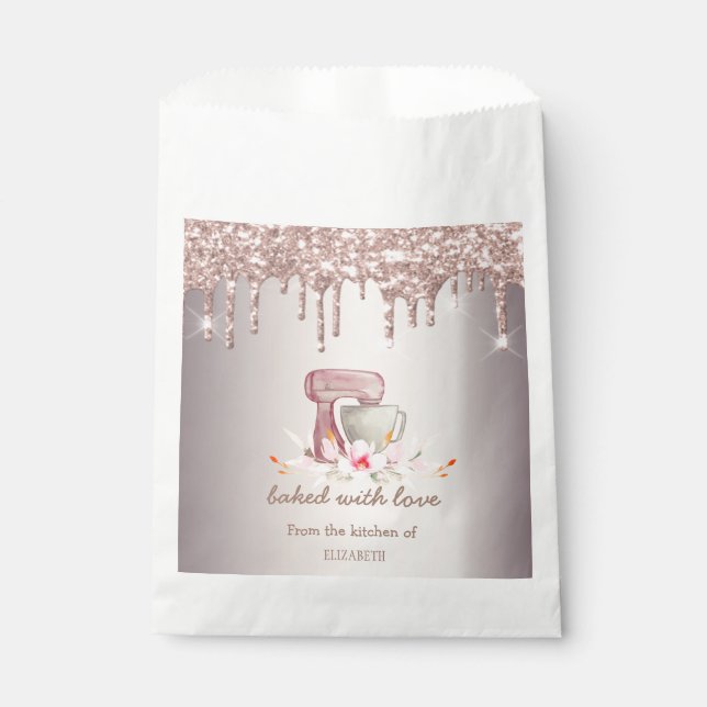 Bolsa De Papel Mixer Flowers Rose Gold Glitter Drips Bakery    (Anverso)