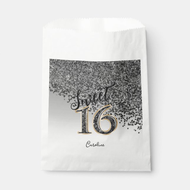 Bolsa De Papel Moda Purpurina negro dulce 16 cumpleaños (Anverso)