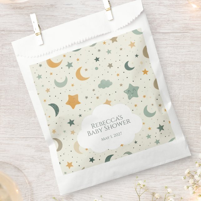 Bolsa De Papel Moda y estrellas Boho Ducha de adopción para bebés (Boho moon and stars baby shower personalized baby shower guest favor bag)