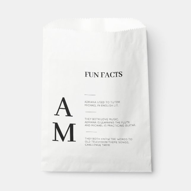 Bolsa De Papel Modern Fun Facts Bold Black Initials Boda (Anverso)