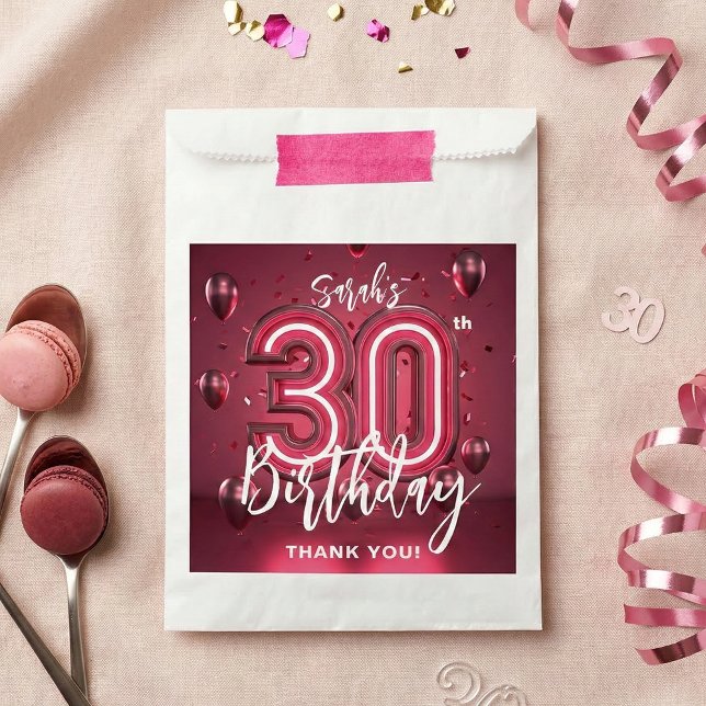 Bolsa De Papel Modern Magenta Pink 30th Birthday Thank You (Subido por el creador)
