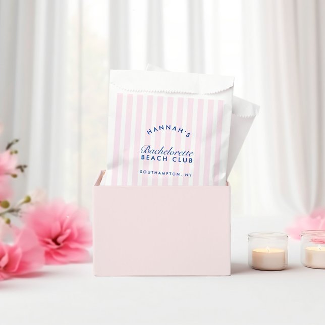 Bolsa De Papel Moderna Marina Retro y Bandas Rosadas Bachelorette (Retro Modern Navy & Pink Stripes Bachelorette Favor Bag)