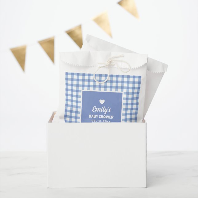 Bolsa De Papel Moderno Pastel Azul Gingham Boy Baby Shower (Fiesta)
