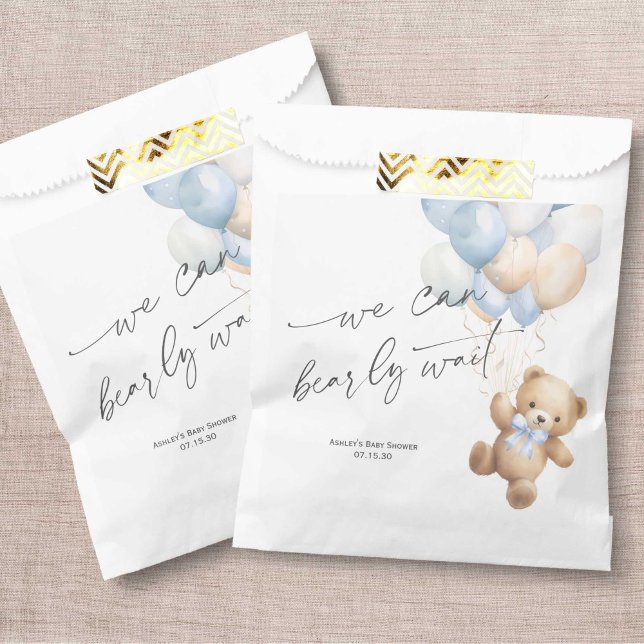 Bolsa De Papel Moderno Podemos Esperar A La Ducha Blue Boy (Blue We Can Bearly Wait, baby Boy SHower Favor Bag.)