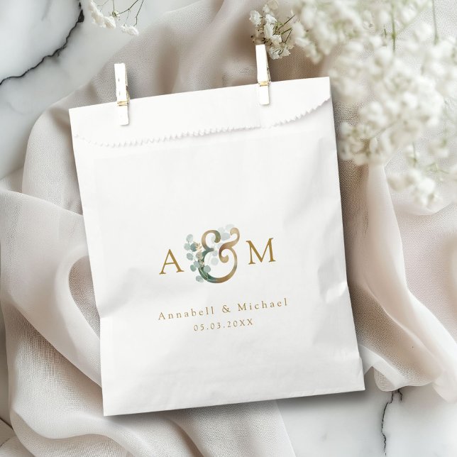 Bolsa De Papel Moderno y elegante Eucalyptus Ampersand Boda (Modern, elegant eucalyptus ampersand wedding favor bag with your names and date.)