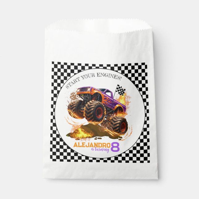 Bolsa De Papel Monster Truck Birthday Fire Flames  (Anverso)