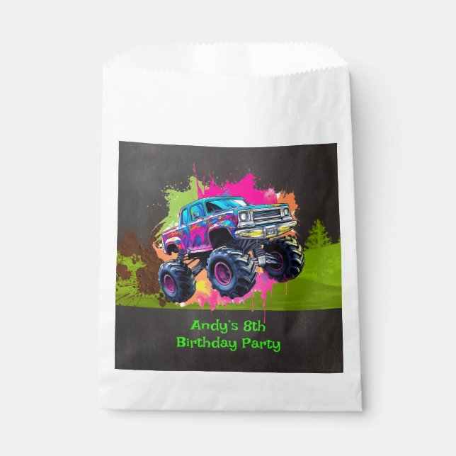 Bolsa De Papel Monster Truck Neon Boy Birthday Party (Anverso)