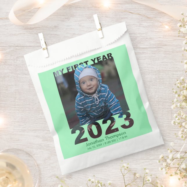 Bolsa De Papel My First Year 2023 Modern Cutout Baby Photo Green (Cortado)