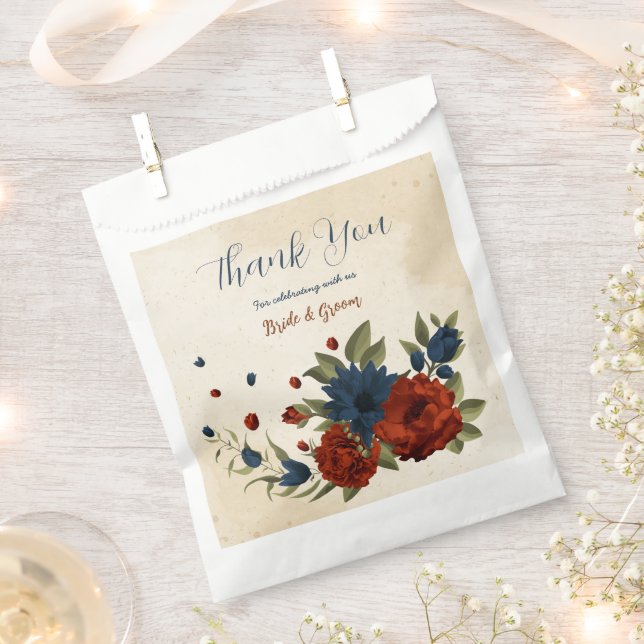 Bolsa De Papel naranja quemado y boda floral azul marino (Cortado)