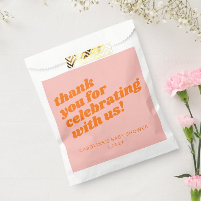 Bolsa De Papel Naranja rosa moderno Retro Baby Shower Gracias (Sellado)