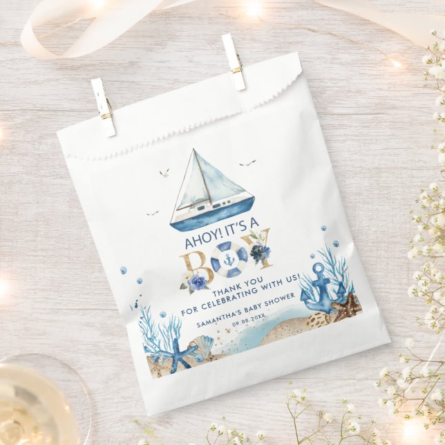 Bolsa De Papel Nautical Blue Boat Ahoy es un niño Baby Shower (Cortado)