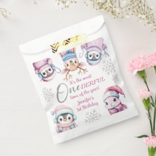 Bolsa De Papel Navidades 1er cumpleaños animales de invierno rosa