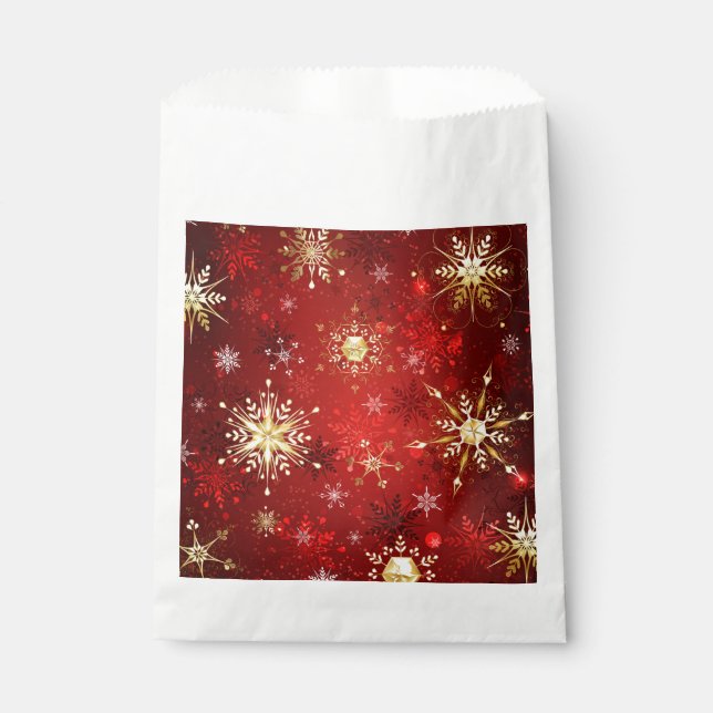 Bolsa De Papel Navidades Copos de nieve dorados con fondo rojo (Anverso)