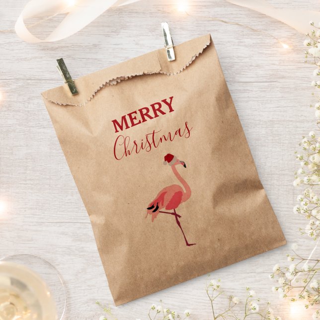 Bolsa De Papel Navidades Pájaro Flamingo Rosa con Santa Hat (Cortado)