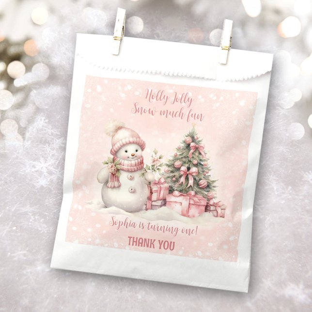 Bolsa De Papel Navidades rosados de Snowman Bolsas de Favor de Cu (Snowman Pink Christmas 1st Birthday Favor Bags)