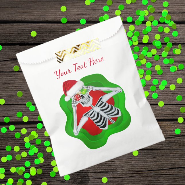 Bolsa De Papel Navidades Skeleton Gorra Verde Rojo Brillante Grac (Funny Christmas skeleton in red green wavy circle shape ornament eyes on favour or gift bag.)