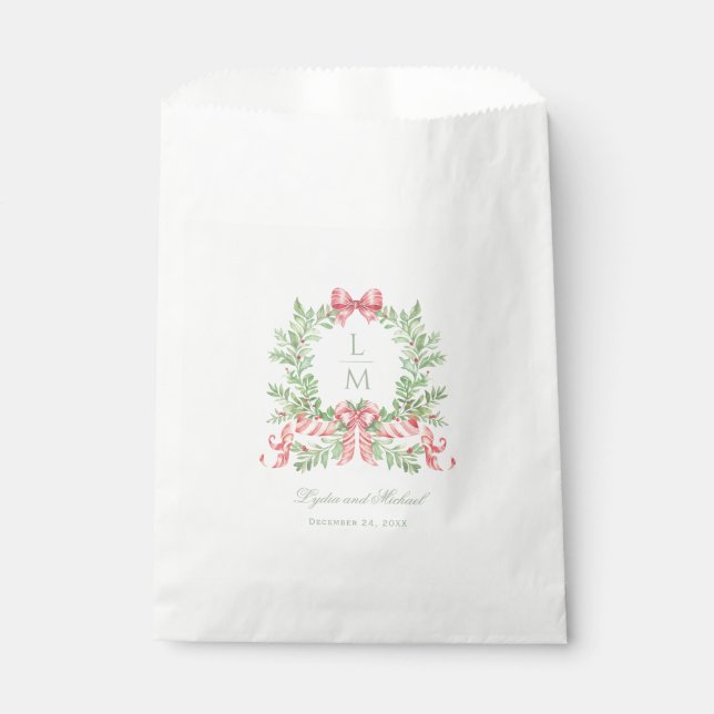 Bolsa De Papel Navidades Wreath w Candy Cane Bow | Monograma (Anverso)