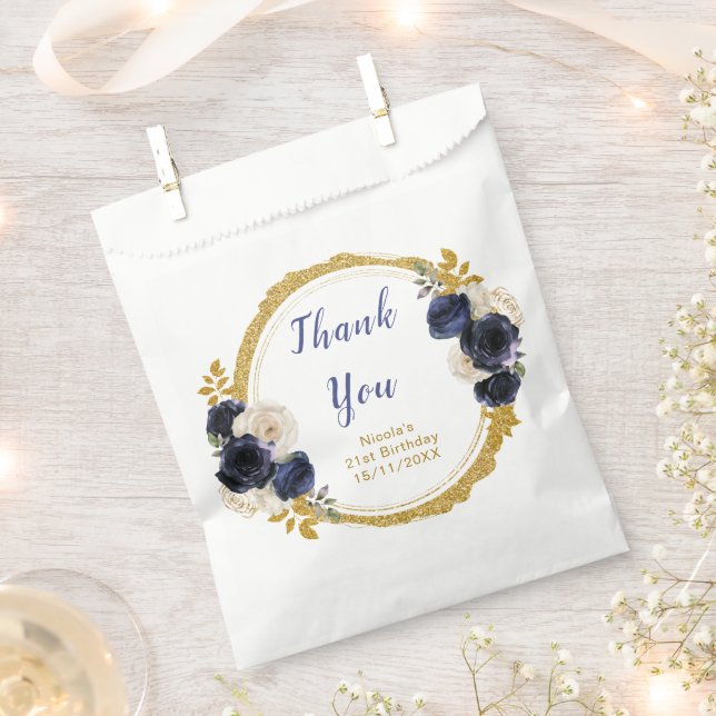 Bolsa De Papel Navy Blue and Gold Elegant Flowers Birthday (Cortado)