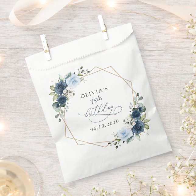 Bolsa De Papel Navy Flowers, Blue Flowers, Greenery, Birthday (Cortado)