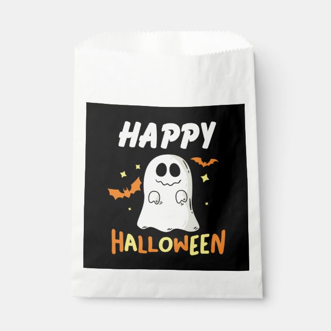 Bolsa De Papel Negro y Naranja con Fantasma Feliz Halloween (Anverso)