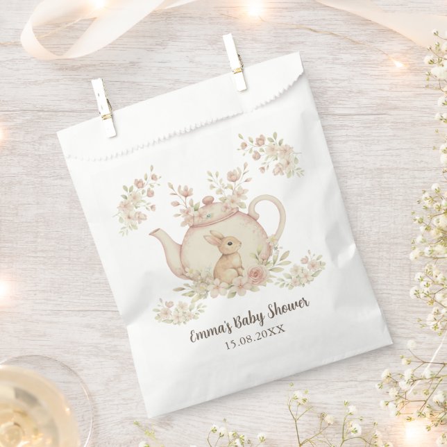 Bolsa De Papel Neutral Bunny & Floral Teapot Baby Shower  (Cortado)