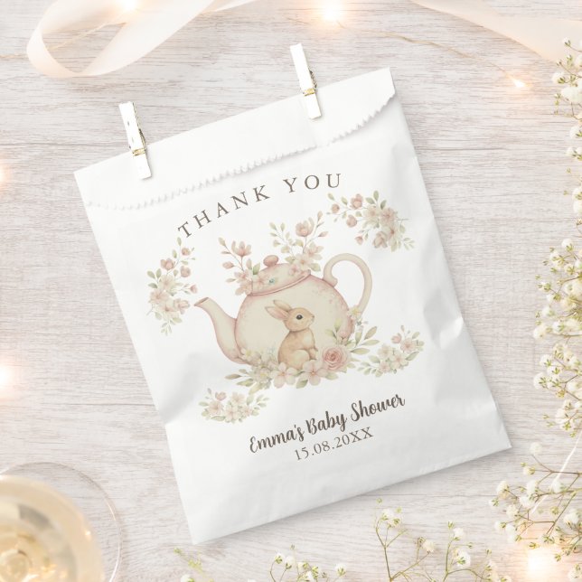 Bolsa De Papel Neutral Bunny & Floral Teapot Baby Shower  (Cortado)