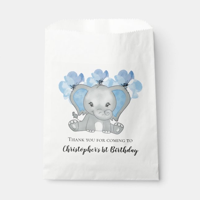 Bolsa De Papel Niña azul Elefante Flores Primer cumpleaños (Anverso)