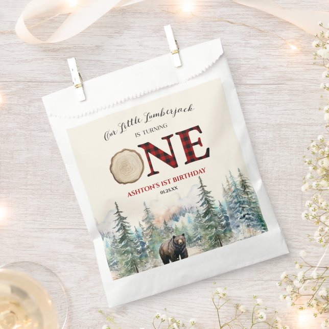 Bolsa De Papel Nuestro pequeño Lumberjack Oso Rojo Primer Fiesta  (Cortado)