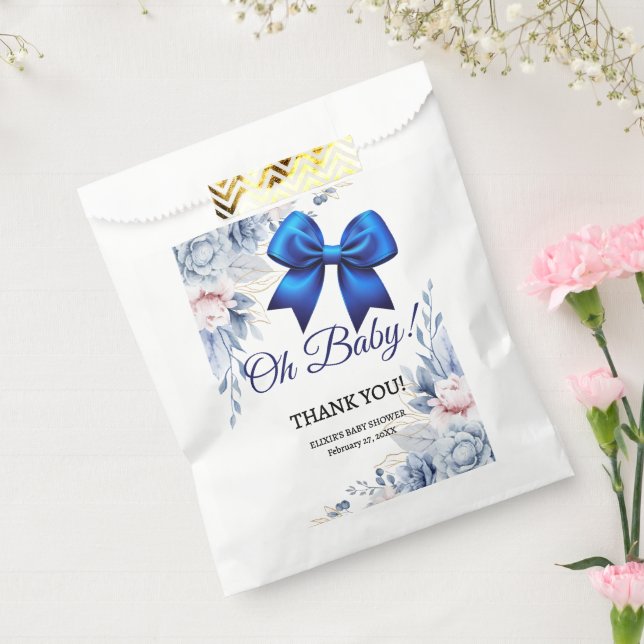 Bolsa De Papel ¡Oh, nena! Elegante Baby Shower Floral Blue Bow (Sellado)