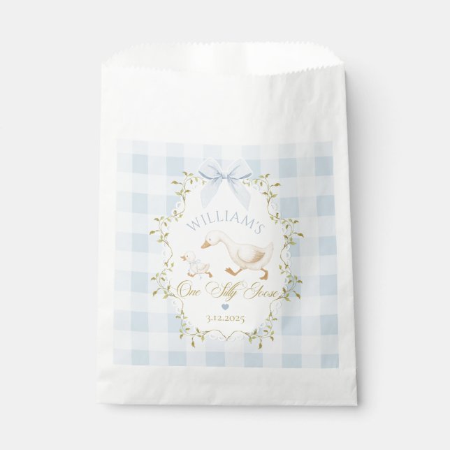 Bolsa De Papel One Silly Goose Blue Gingham Boy 1st Birthday (Anverso)