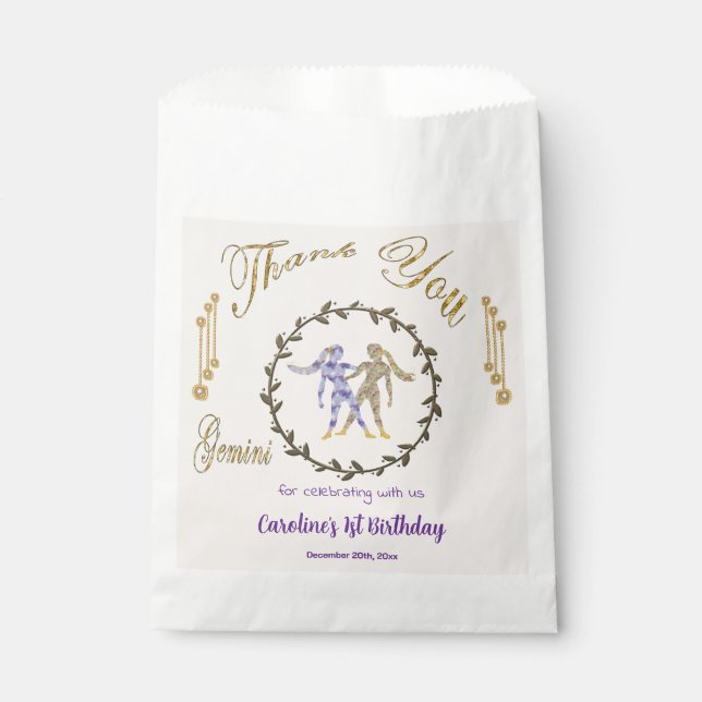 Bolsa De Papel Oro y Perlas Gemini Primer Cumpleaños Gracias (Anverso)