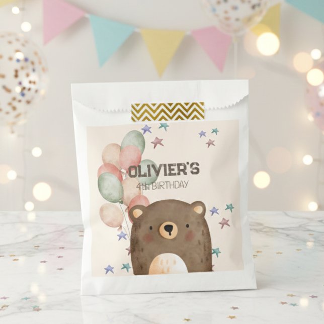 Bolsa De Papel oso acuarela con globos cumpleaños Favor Bag (Subido por el creador)