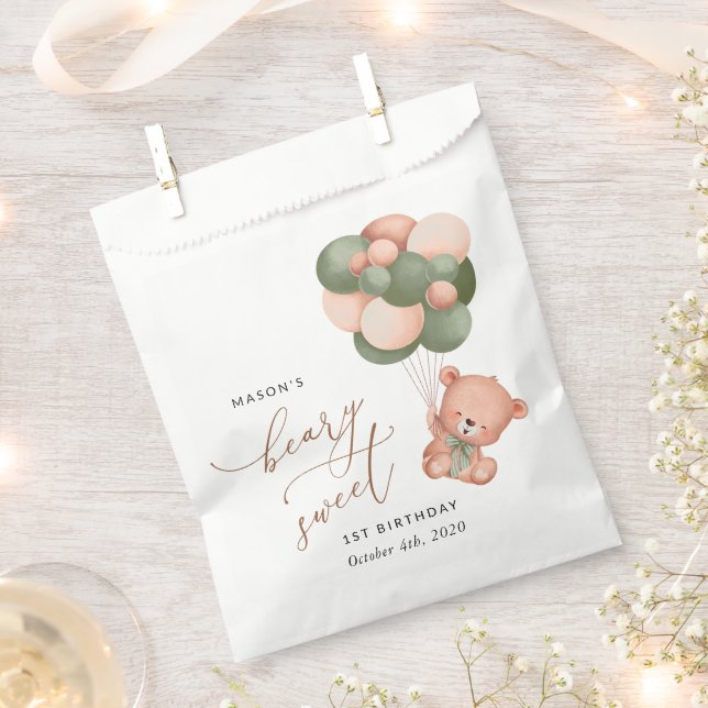 Bolsa De Papel Oso bebé, globos verdes, primer cumpleaños (Cortado)
