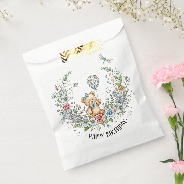 Bolsa De Papel Oso de cumpleaños floral boho (Sellado)