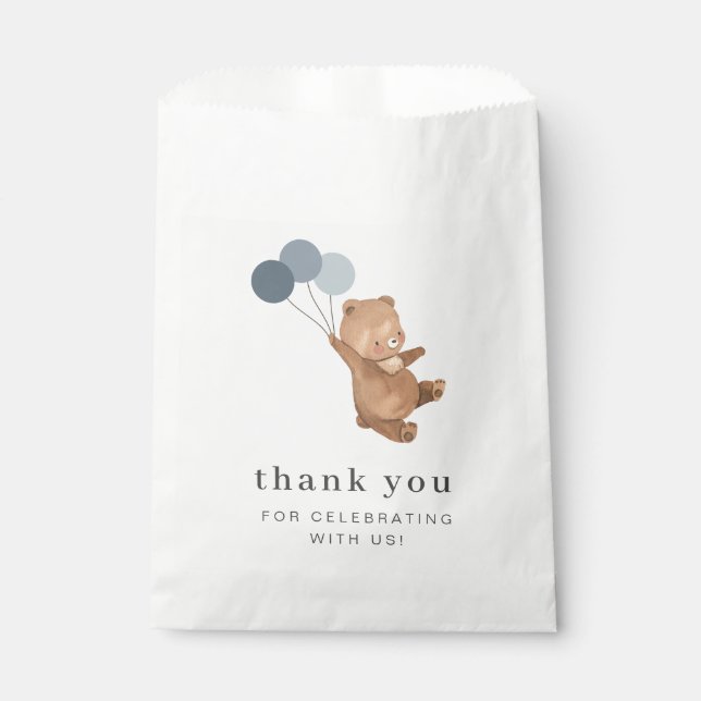 Bolsa De Papel Oso de peluche con 3 globos azules (Anverso)