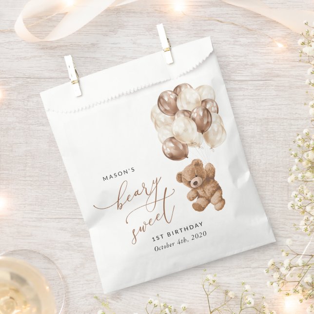 Bolsa De Papel Oso de peluche, globos marrones, primer cumpleaños (Cortado)