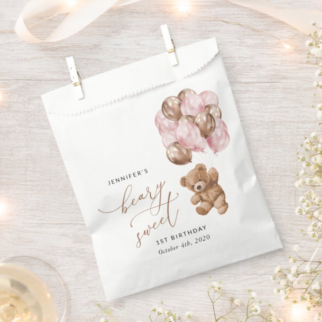 Bolsa De Papel Oso de peluche, globos rosados, primer cumpleaños (Cortado)