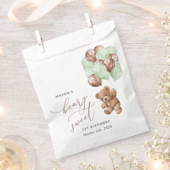 Bolsa De Papel Oso de peluche, globos verdes, primer cumpleaños (Cortado)