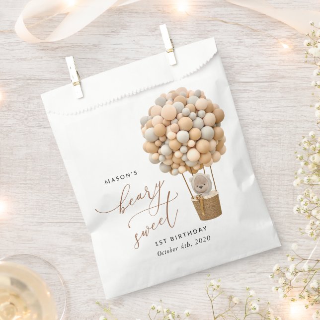 Bolsa De Papel Oso lindo, globos beige, primer cumpleaños (Cortado)