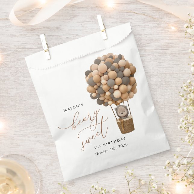 Bolsa De Papel Oso lindo, globos marrones, primer cumpleaños (Cortado)