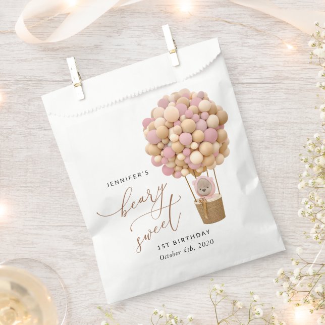 Bolsa De Papel Oso lindo, globos rosados, primer cumpleaños (Cortado)