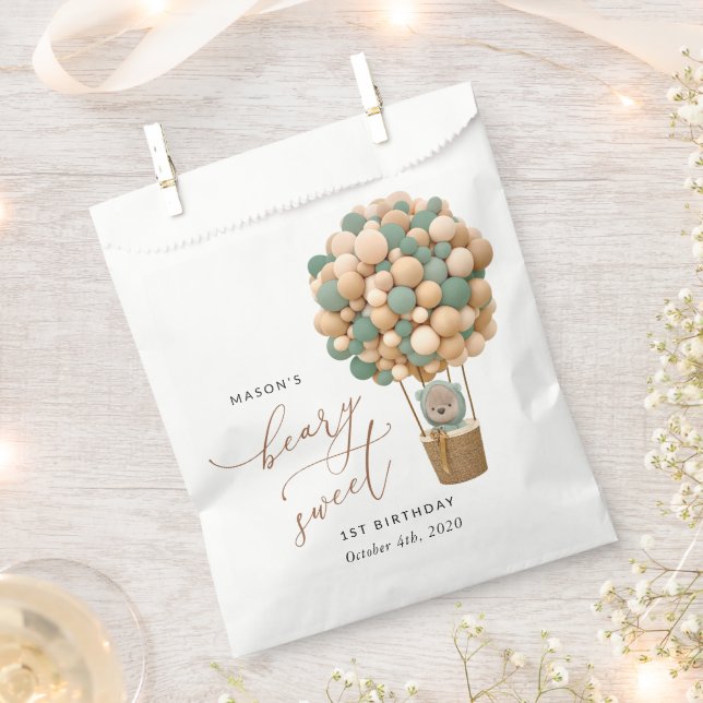 Bolsa De Papel Oso lindo, globos verdes, primer cumpleaños (Cortado)
