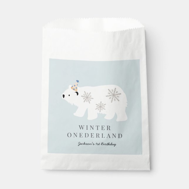 Bolsa De Papel Oso Polar Invierno Onederland Azul Primer cumpleañ (Anverso)