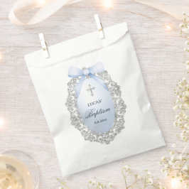 Bolsa De Papel Óval Silver Purpurina Frame Blue Bow Baptismo
