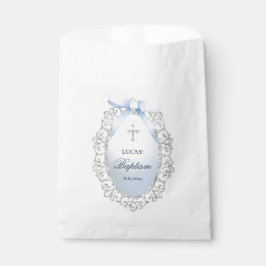 Bolsa De Papel Óval Silver Purpurina Frame Blue Bow Baptismo
