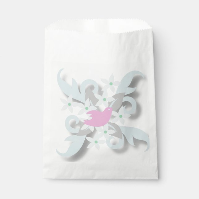 Bolsa De Papel Paloma rosa y hojas plateadas (Anverso)