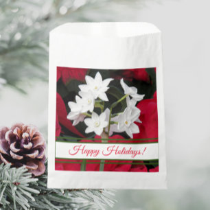 Bolsa De Papel Paperwhites y Poinsettias Rojas Felices Fiestas